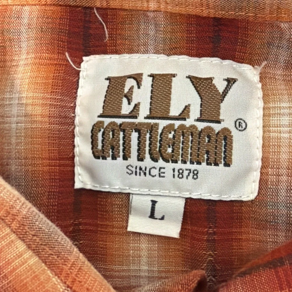 Ely Cattleman Pearl Snap Western Shirt Mens L Orange Blue Plaid Long Sleeve